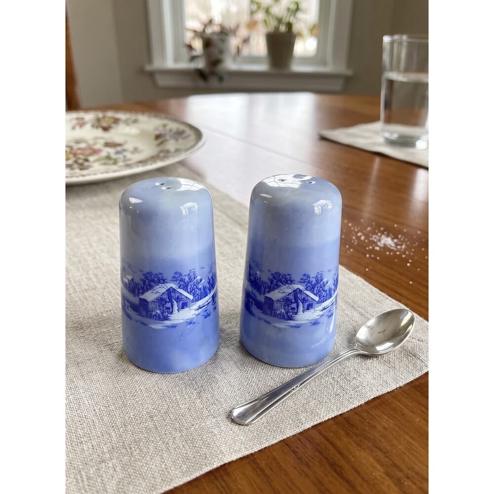 Vintage Blue Porcelain Salt & Pepper Shakers Hand Painted Winter Scene Taiwan